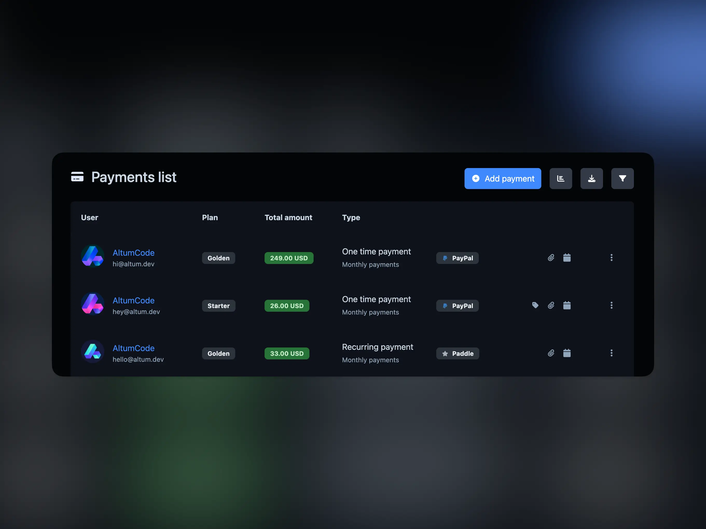 66biolinks admin panel showing the payments list page