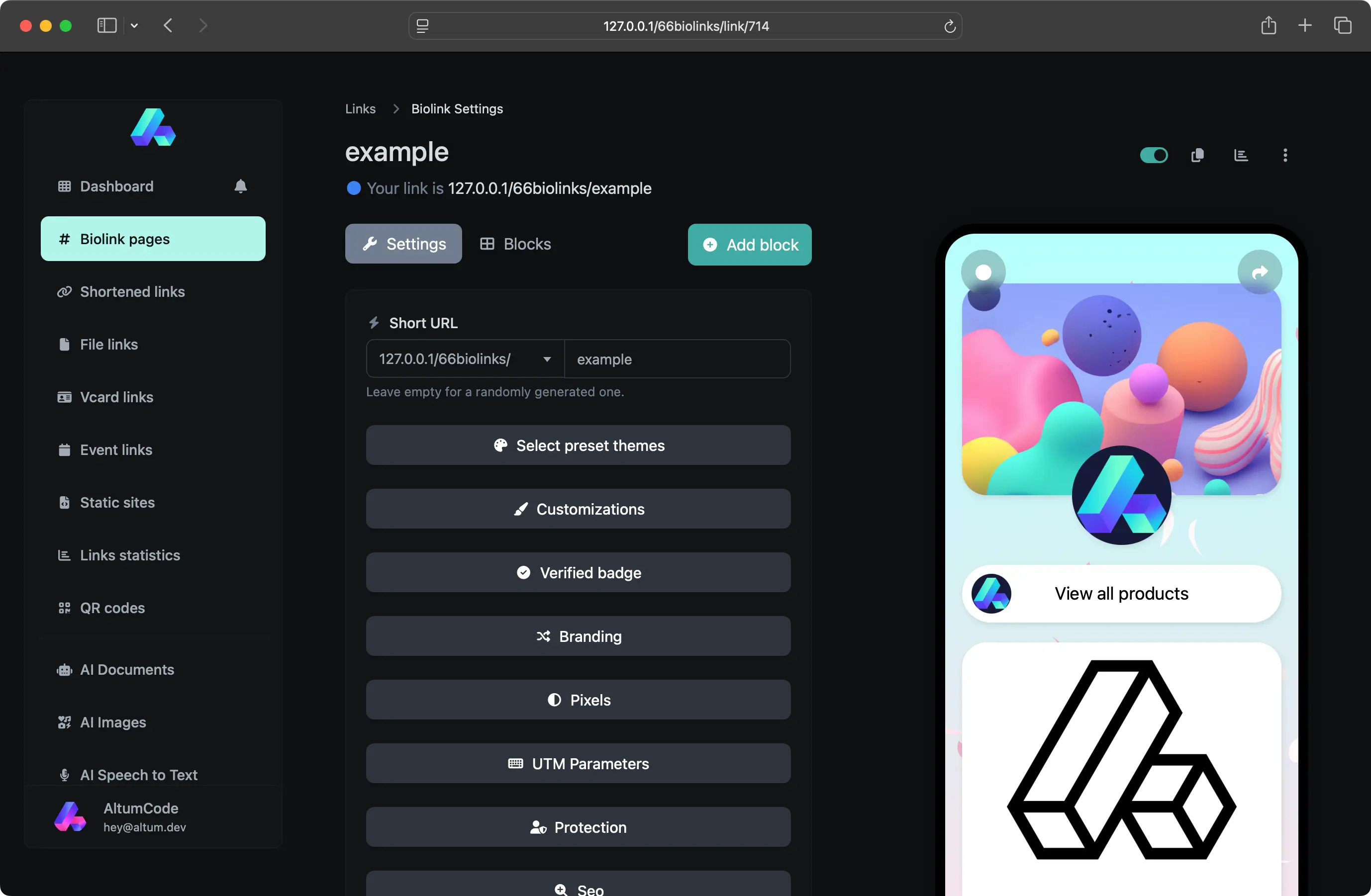 66biolinks admin panel showing the biolink system editor page