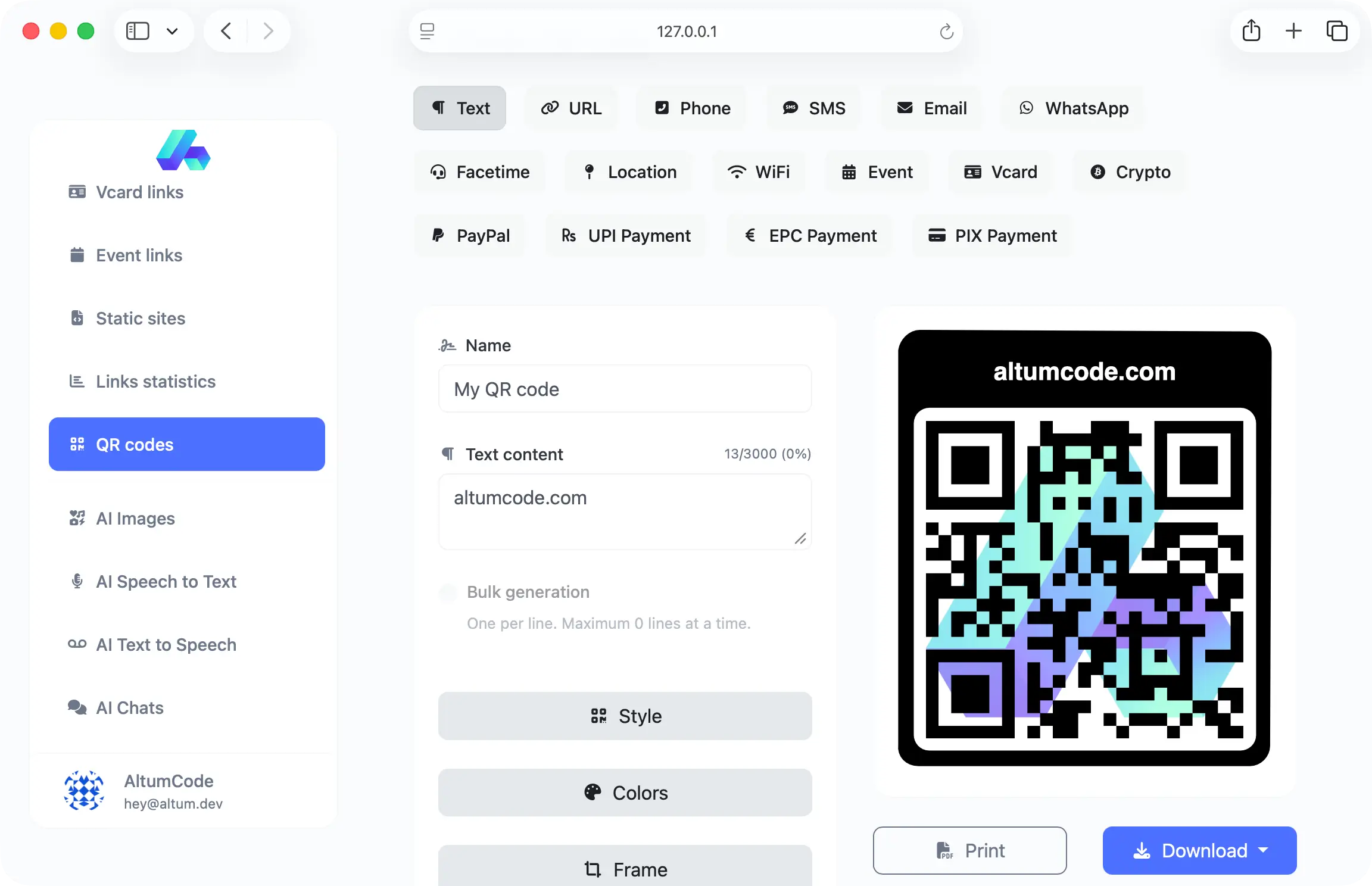 66biolinks screenshot featuring the advanced QR code generator system