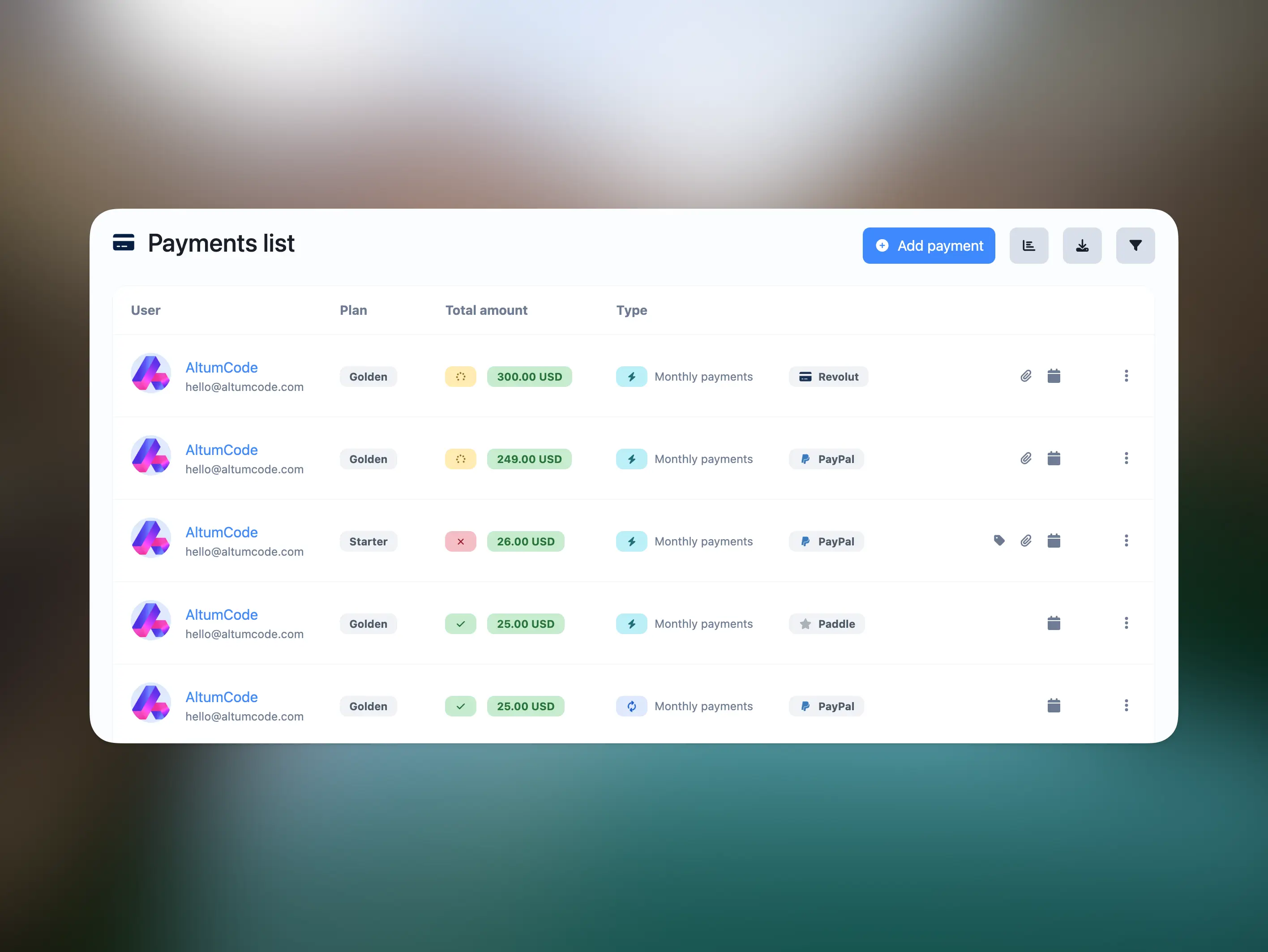66biolinks admin panel showing the last payments through the SaaS extended license