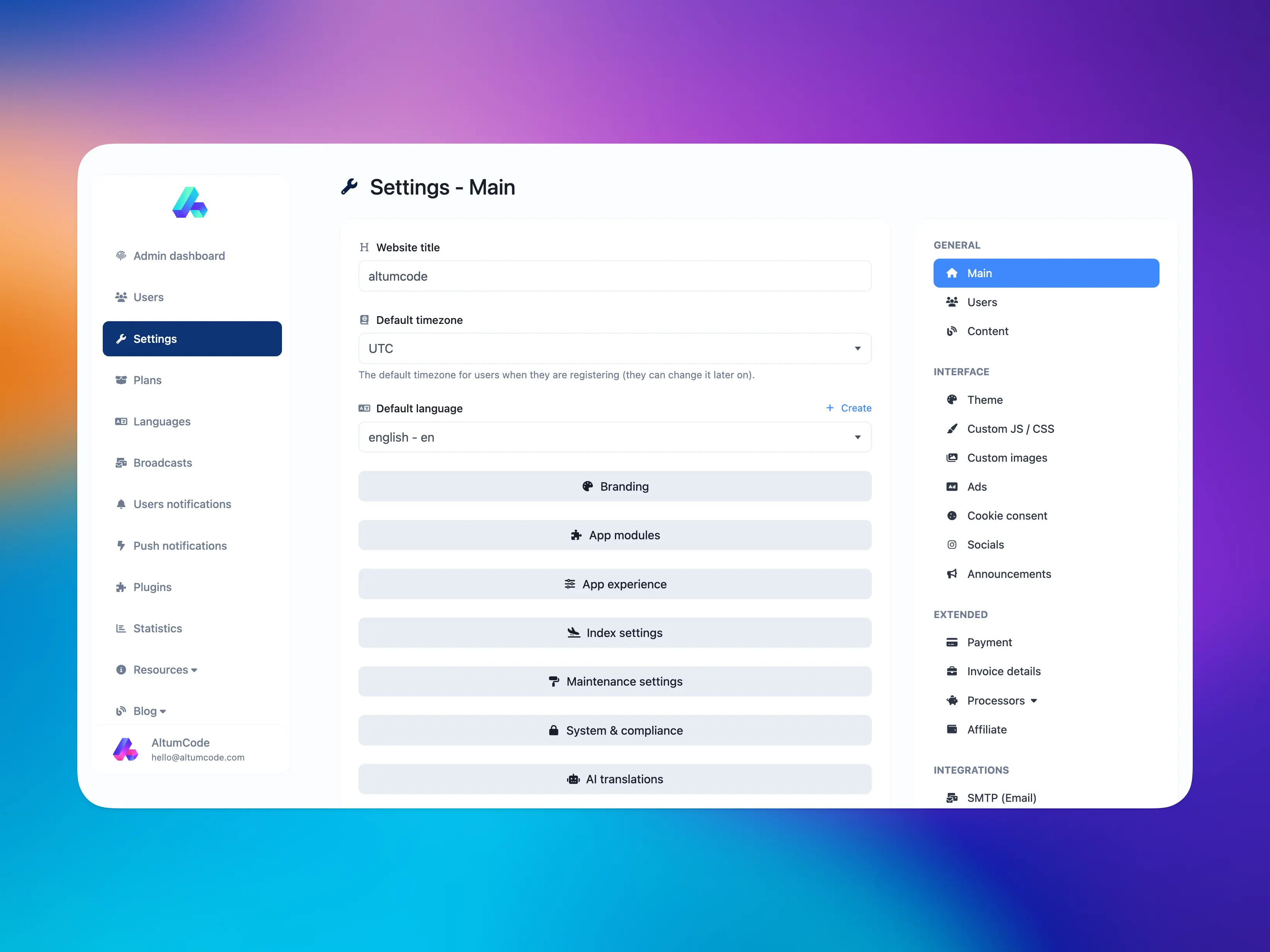 66biolinks admin panel showing the main settings page