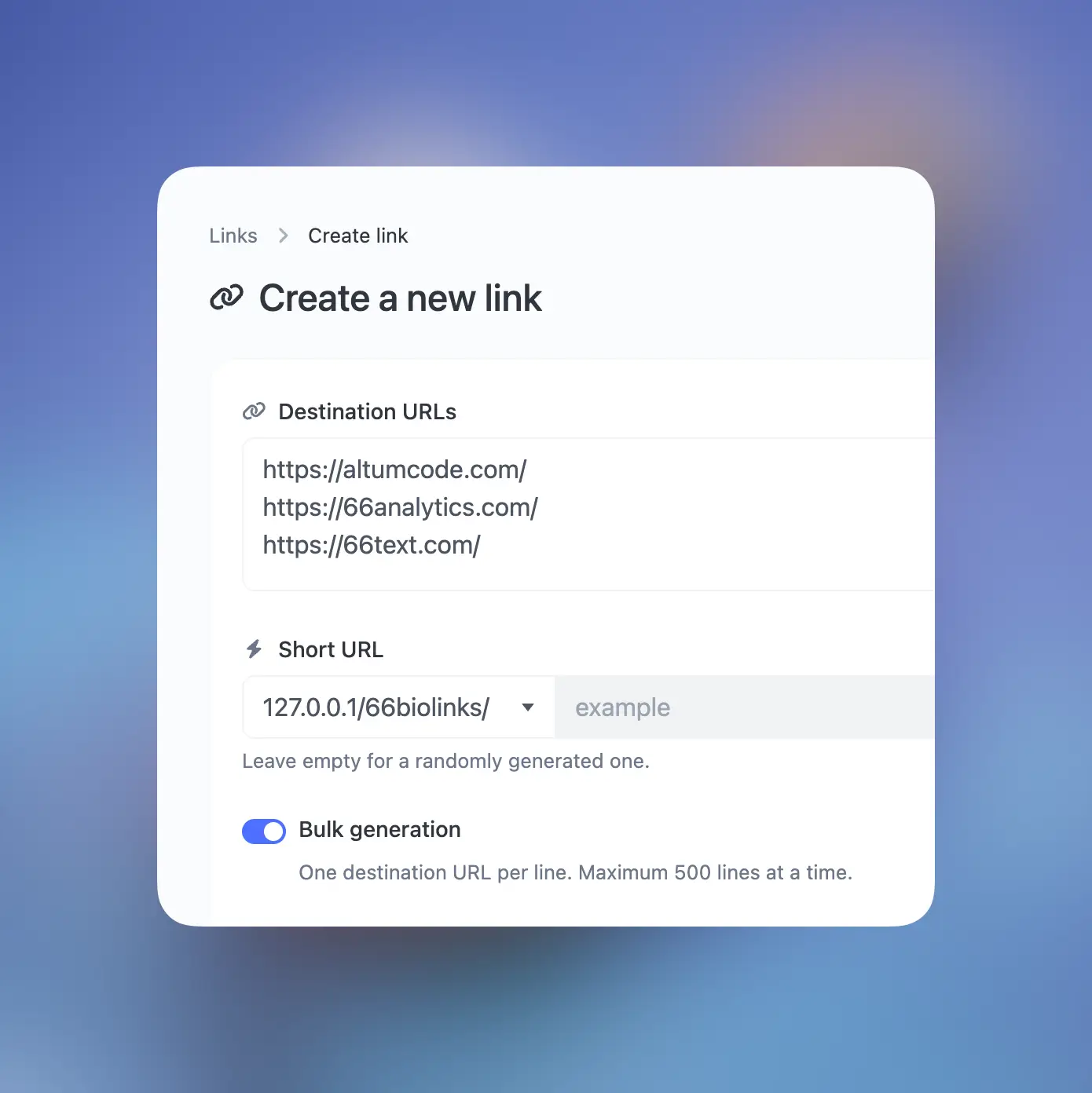 66biolinks bulk URL shortener/links generation feature