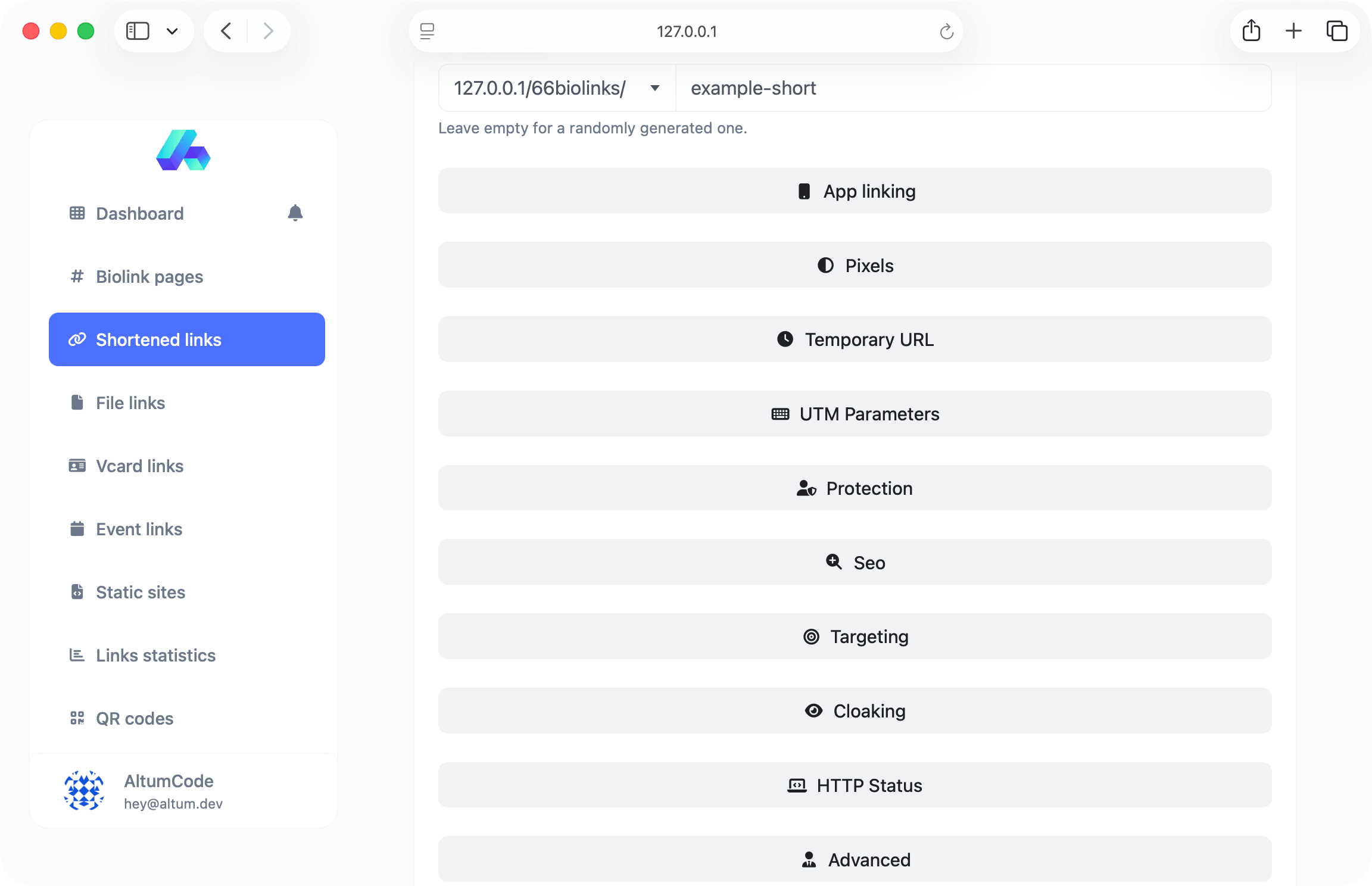 66biolinks dashboard featuring advanced URL shortening tools