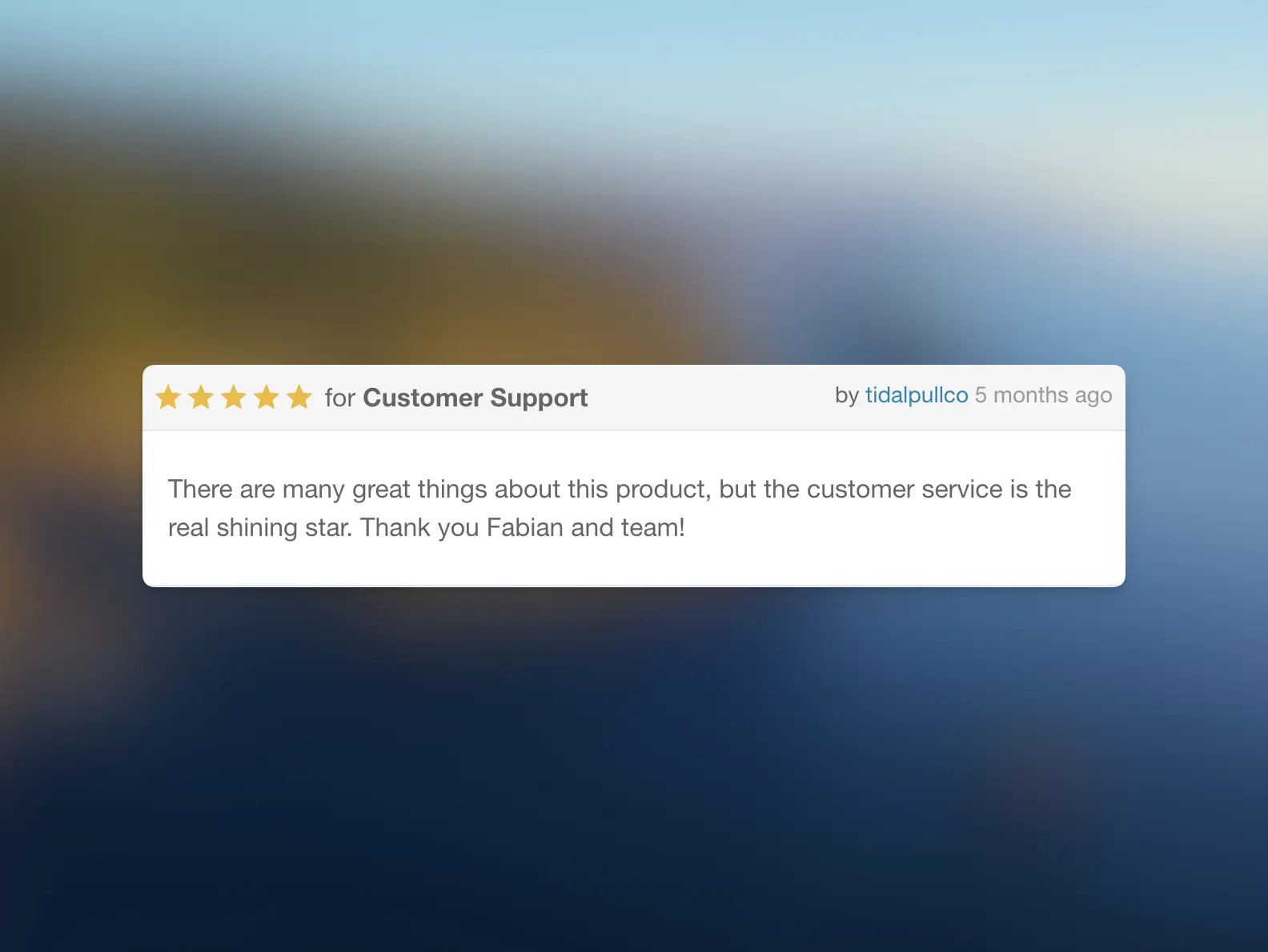 Five star customer review praising the customer service and thanking Fabian (AltumCode).
